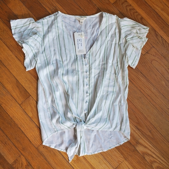 Sim‎ & Sam sage striped button up short sleeve top size small NWT - Picture 1 of 8